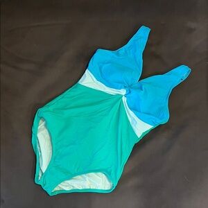 Lands' End Women's Tummy Control V-neck Twist Teal and Aqua One Piece Swimsuit